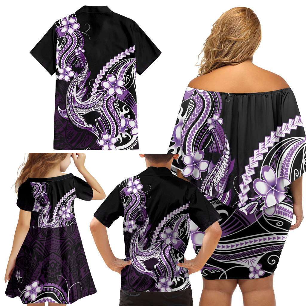 Purple Black Aloha Hawaii Family Matching Off Shoulder Short Dress and Hawaiian Shirt Polynesian Shark Tattoo Plumeria