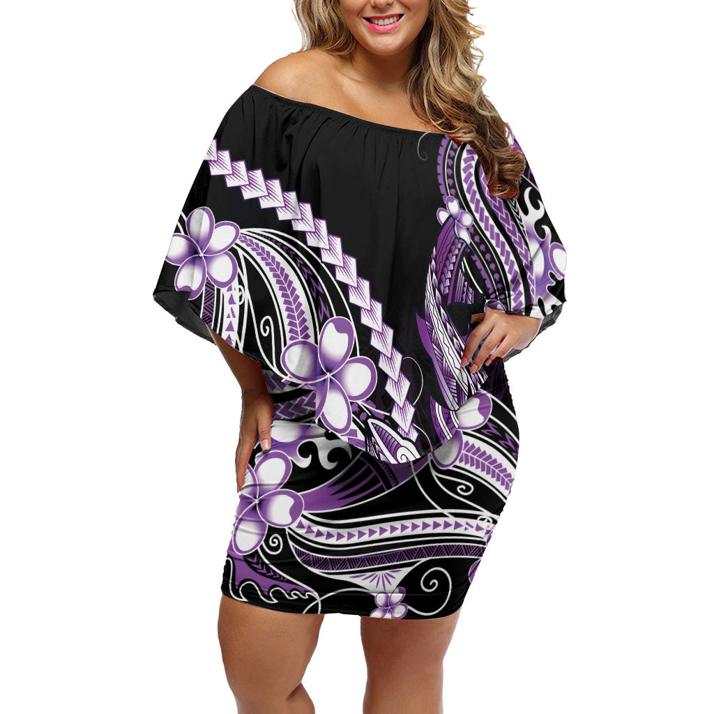 Purple Black Aloha Hawaii Family Matching Off Shoulder Short Dress and Hawaiian Shirt Polynesian Shark Tattoo Plumeria