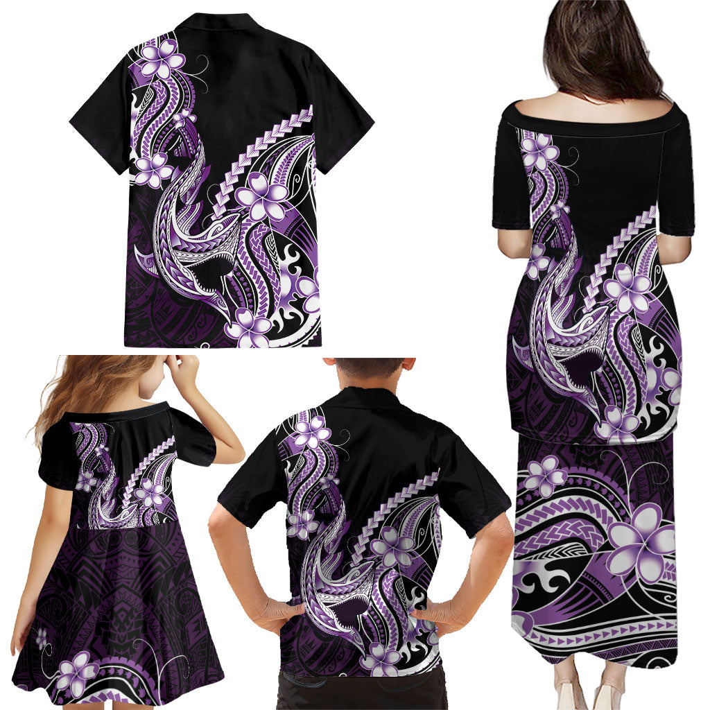 Purple Black Aloha Hawaii Family Matching Puletasi and Hawaiian Shirt Polynesian Shark Tattoo Plumeria