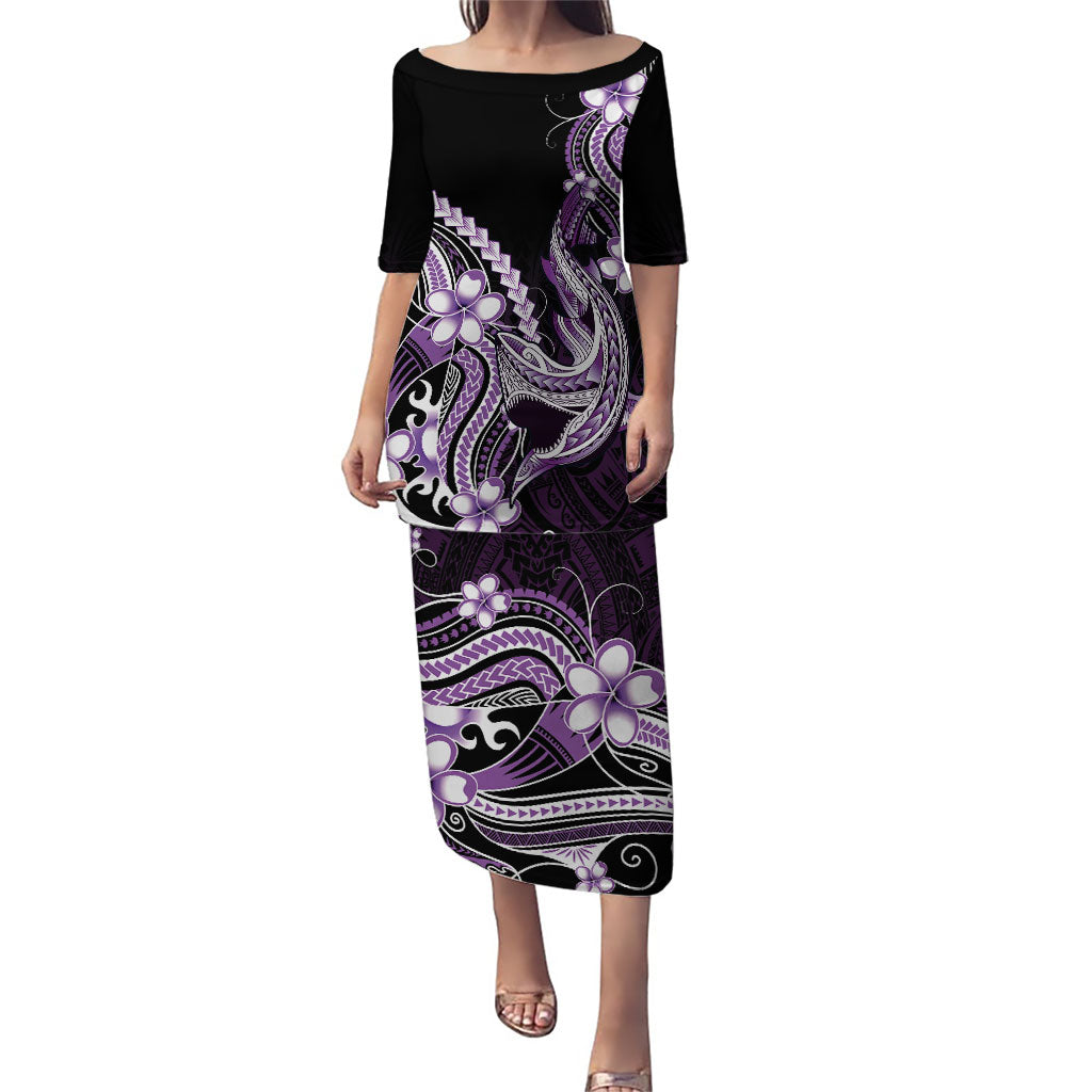 Purple Black Aloha Hawaii Family Matching Puletasi and Hawaiian Shirt Polynesian Shark Tattoo Plumeria