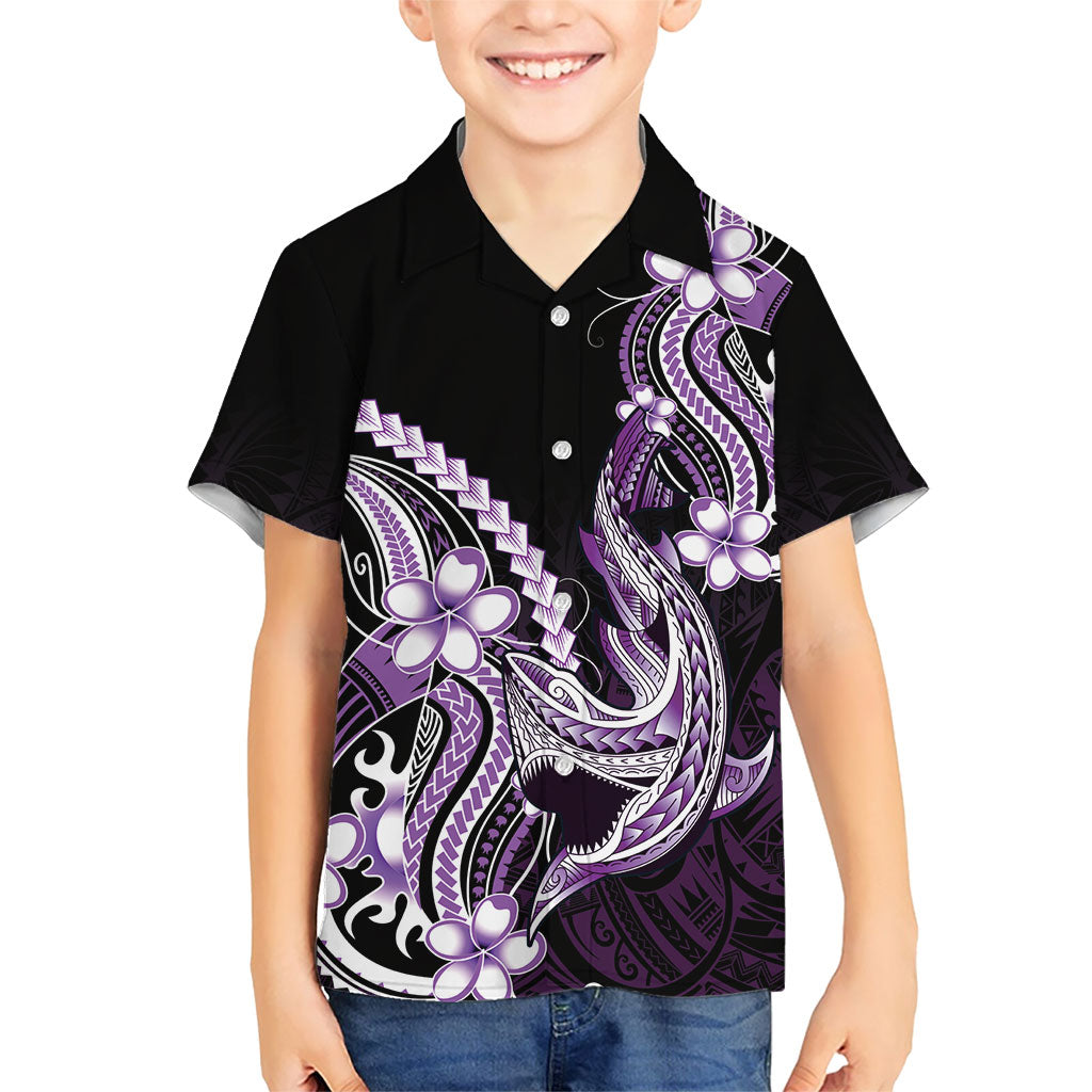 Purple Black Aloha Hawaii Family Matching Short Sleeve Bodycon Dress and Hawaiian Shirt Polynesian Shark Tattoo Plumeria
