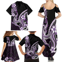 Purple Black Aloha Hawaii Family Matching Summer Maxi Dress and Hawaiian Shirt Polynesian Shark Tattoo Plumeria