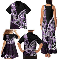 Purple Black Aloha Hawaii Family Matching Tank Maxi Dress and Hawaiian Shirt Polynesian Shark Tattoo Plumeria
