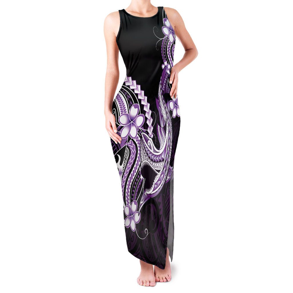 Purple Black Aloha Hawaii Family Matching Tank Maxi Dress and Hawaiian Shirt Polynesian Shark Tattoo Plumeria