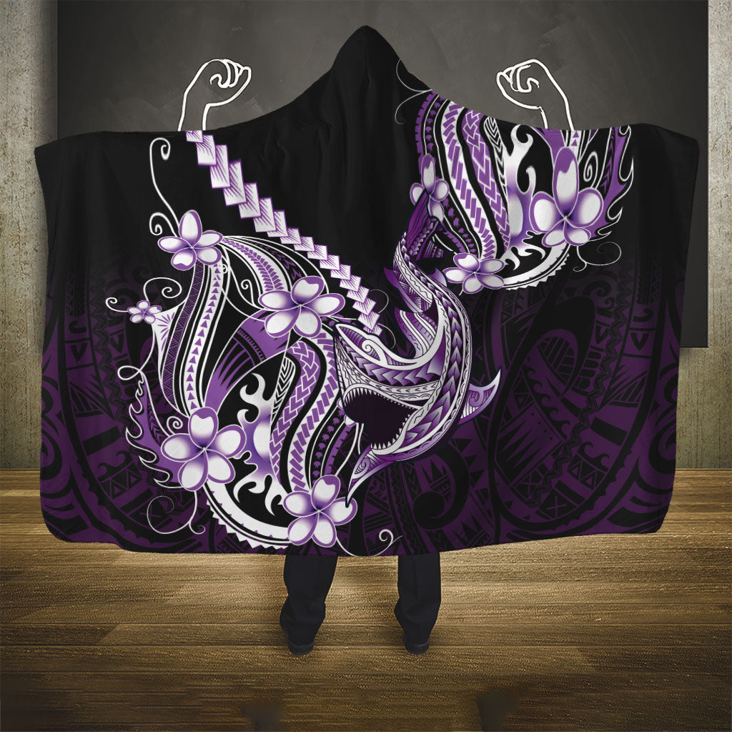 Purple Black Aloha Hawaii Hooded Blanket Polynesian Shark Tattoo Plumeria