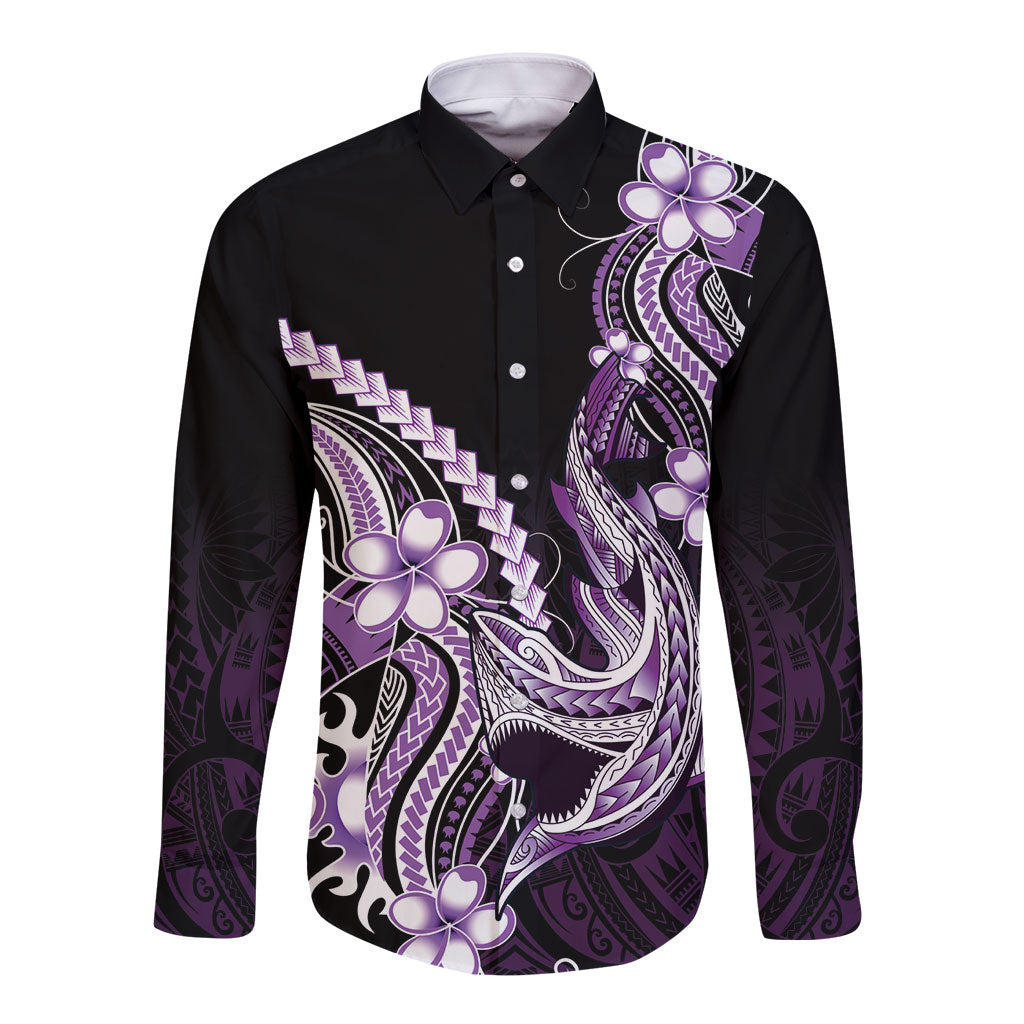 Purple Black Aloha Hawaii Long Sleeve Button Shirt Polynesian Shark Tattoo Plumeria