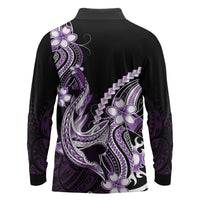 Purple Black Aloha Hawaii Long Sleeve Polo Shirt Polynesian Shark Tattoo Plumeria