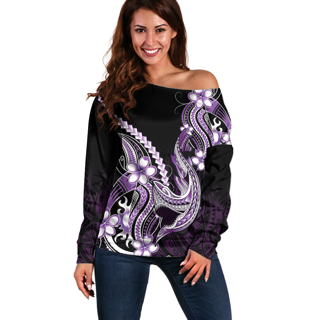 Purple Black Aloha Hawaii Off Shoulder Sweater Polynesian Shark Tattoo Plumeria LT14 Women Purple - Polynesian Pride