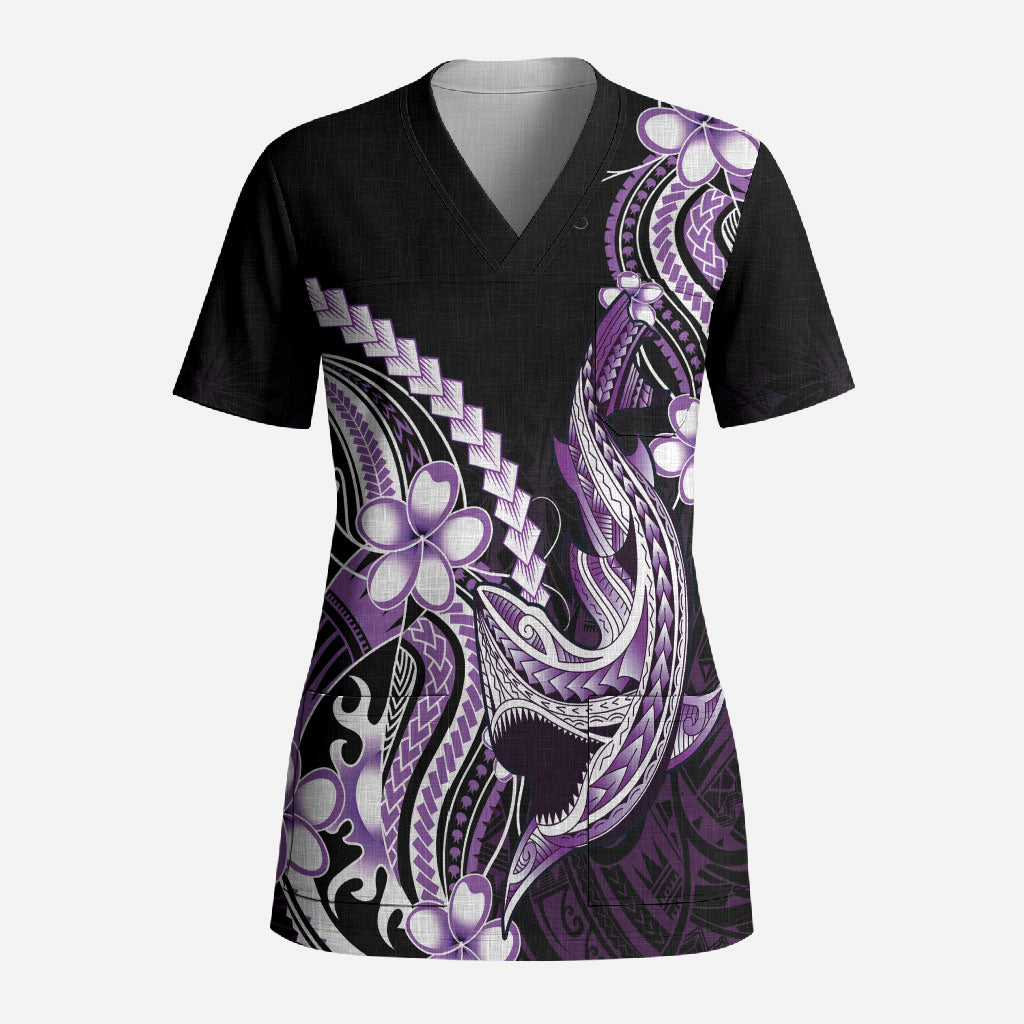 Purple Black Aloha Hawaii Scrub Top Polynesian Shark Tattoo Plumeria LT14 Adult Purple - Polynesian Pride