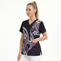 Purple Black Aloha Hawaii Scrub Top Polynesian Shark Tattoo Plumeria