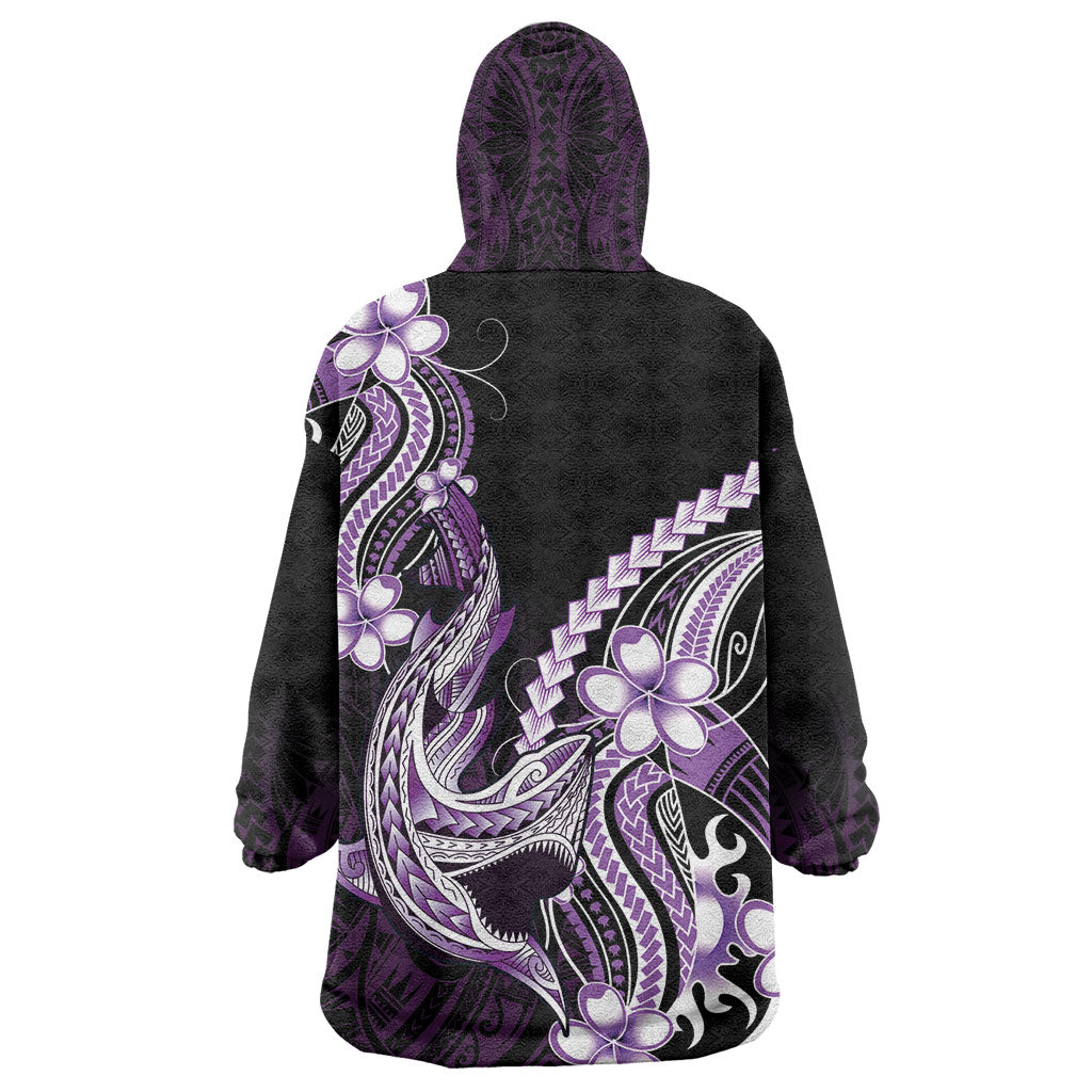 Purple Black Aloha Hawaii Wearable Blanket Hoodie Polynesian Shark Tattoo Plumeria