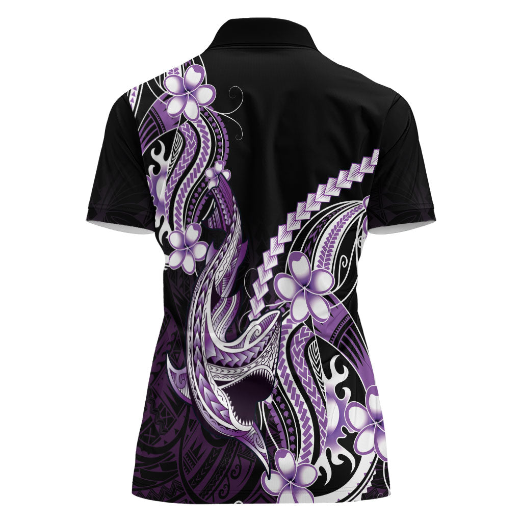 Purple Black Aloha Hawaii Women Polo Shirt Polynesian Shark Tattoo Plumeria