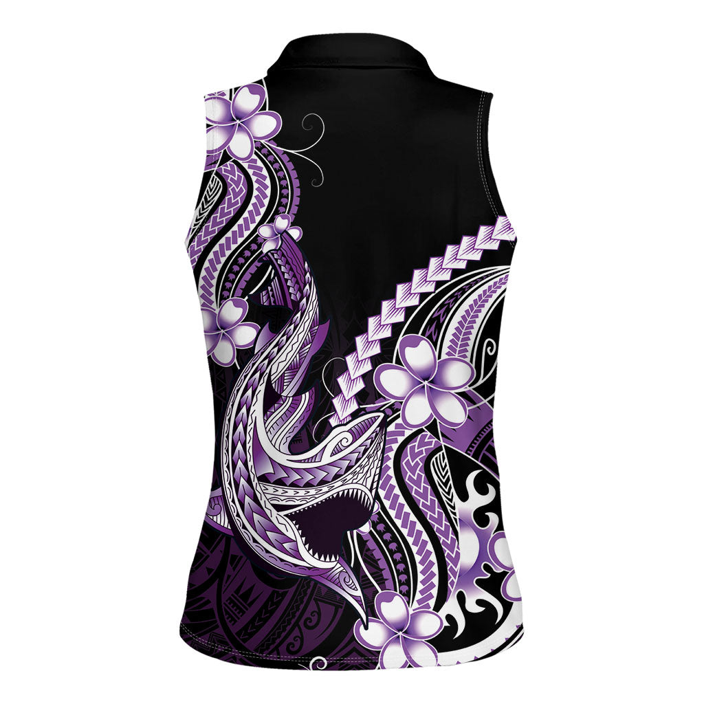 Purple Black Aloha Hawaii Women Sleeveless Polo Shirt Polynesian Shark Tattoo Plumeria