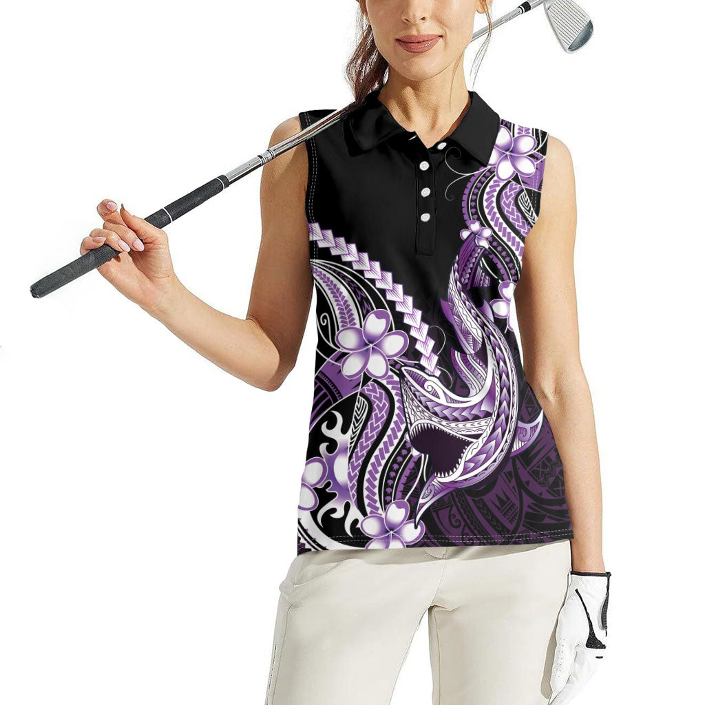 Purple Black Aloha Hawaii Women Sleeveless Polo Shirt Polynesian Shark Tattoo Plumeria