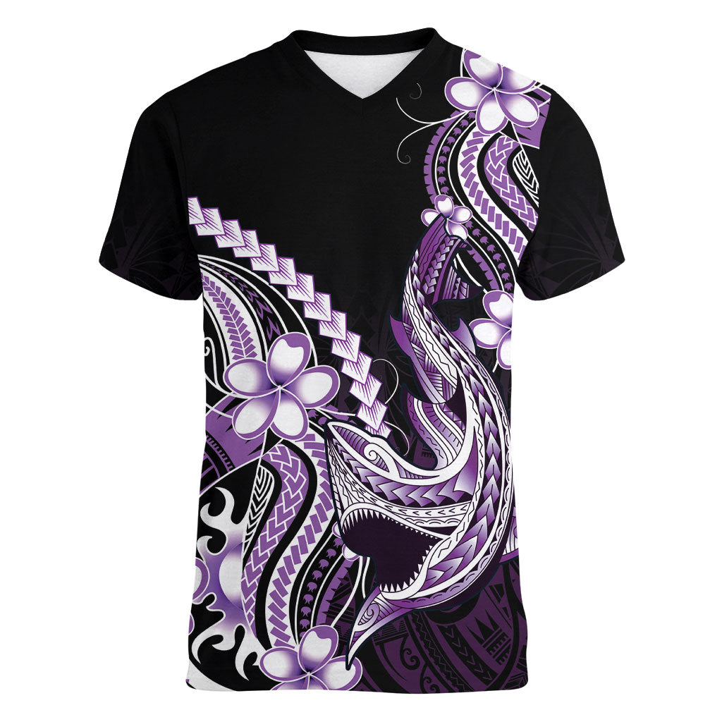 Purple Black Aloha Hawaii Women V-Neck T-Shirt Polynesian Shark Tattoo Plumeria LT14 Female Purple - Polynesian Pride