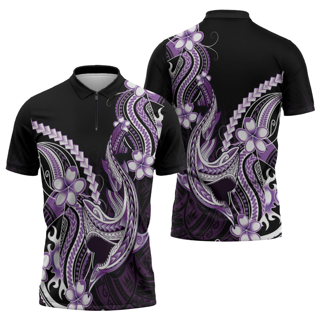 Purple Black Aloha Hawaii Zipper Polo Shirt Polynesian Shark Tattoo Plumeria
