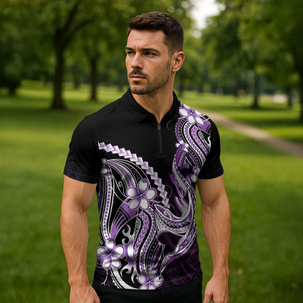Purple Black Aloha Hawaii Zipper Polo Shirt Polynesian Shark Tattoo Plumeria