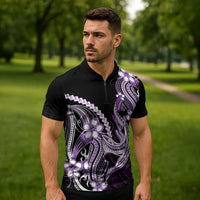 Purple Black Aloha Hawaii Zipper Polo Shirt Polynesian Shark Tattoo Plumeria