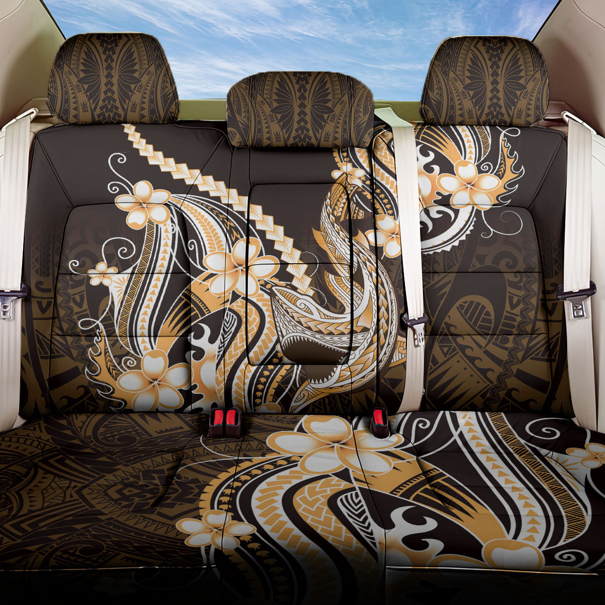 Orange Black Aloha Hawaii Back Car Seat Cover Polynesian Shark Tattoo Plumeria LT14 One Size Orange - Polynesian Pride