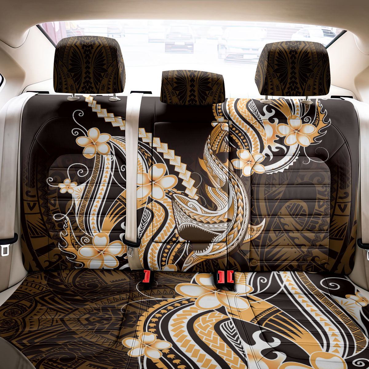 Orange Black Aloha Hawaii Back Car Seat Cover Polynesian Shark Tattoo Plumeria