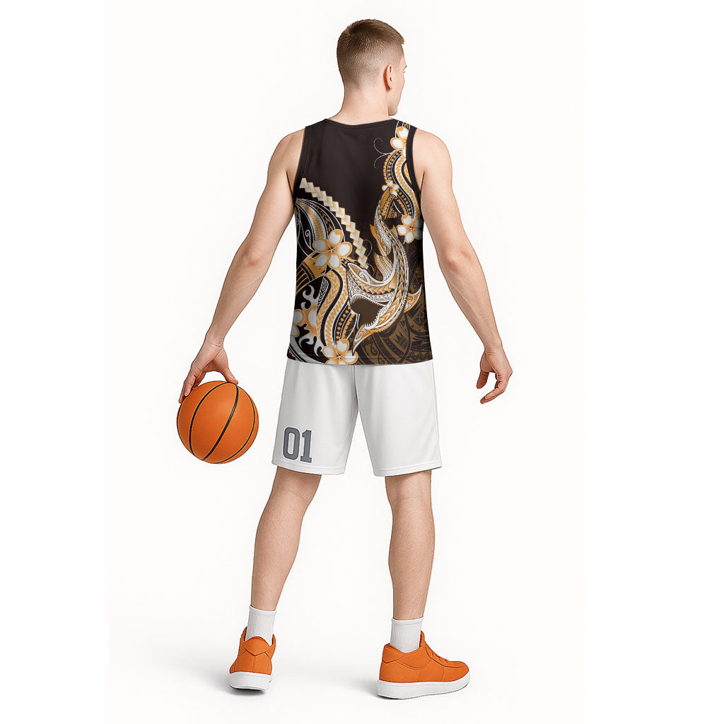 Orange Black Aloha Hawaii Basketball Jersey Polynesian Shark Tattoo Plumeria