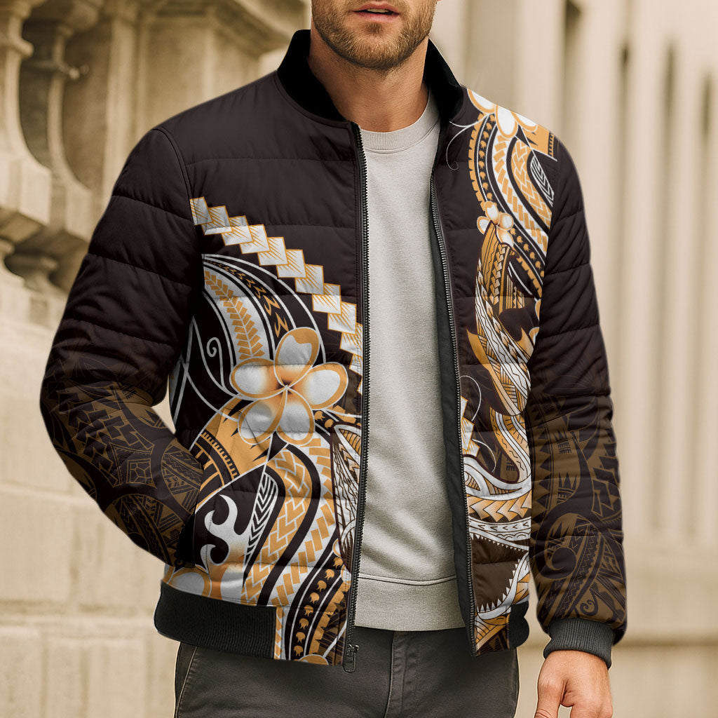 Orange Black Aloha Hawaii Bomber Puffer Jacket Polynesian Shark Tattoo Plumeria