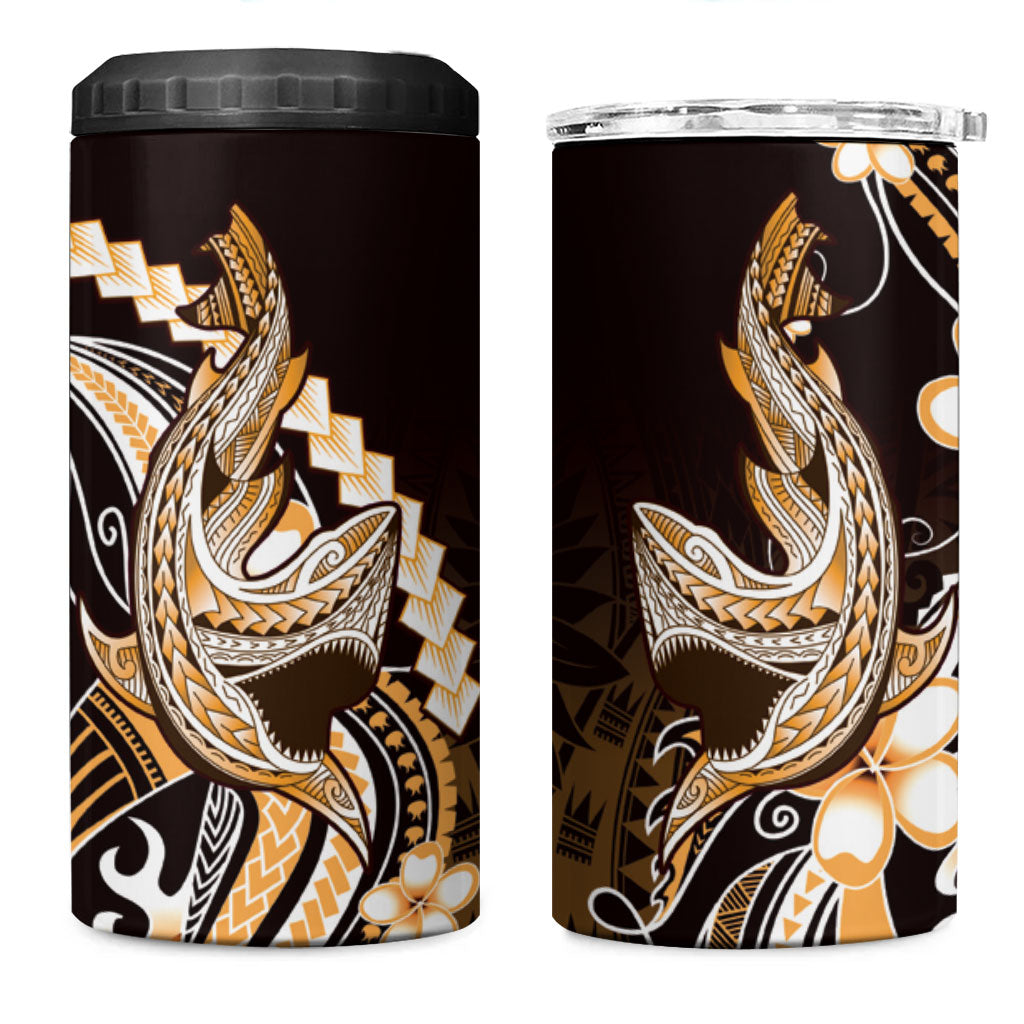 Orange Black Aloha Hawaii 4 in 1 Can Cooler Tumbler Polynesian Shark Tattoo Plumeria