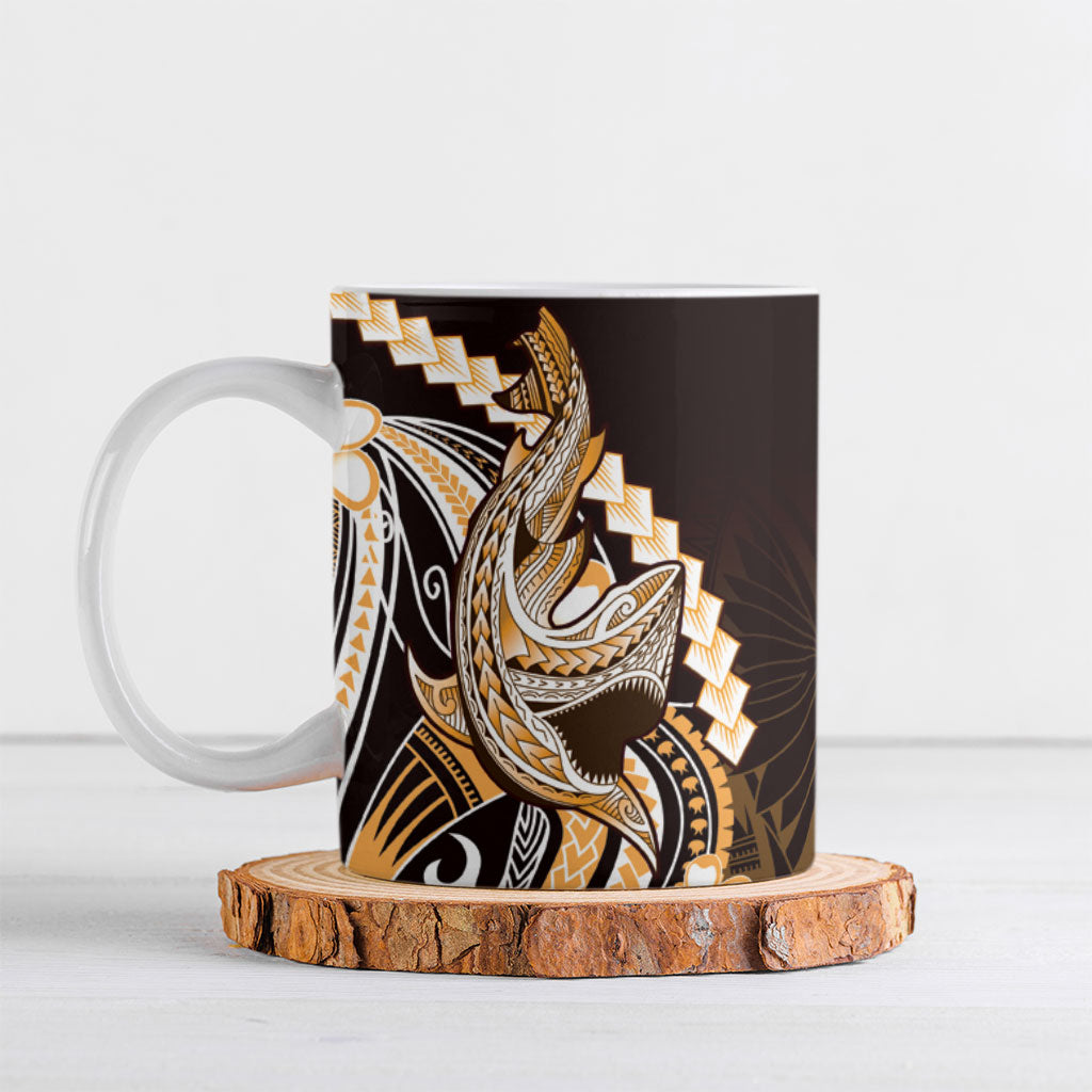 Orange Black Aloha Hawaii Ceramic Mug Polynesian Shark Tattoo Plumeria