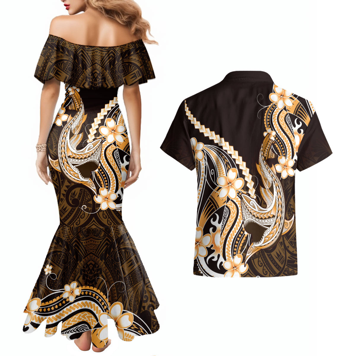 Orange Black Aloha Hawaii Couples Matching Mermaid Dress and Hawaiian Shirt Polynesian Shark Tattoo Plumeria