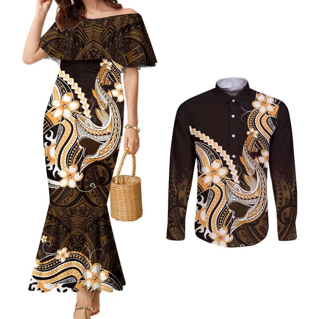 Orange Black Aloha Hawaii Couples Matching Mermaid Dress and Long Sleeve Button Shirt Polynesian Shark Tattoo Plumeria