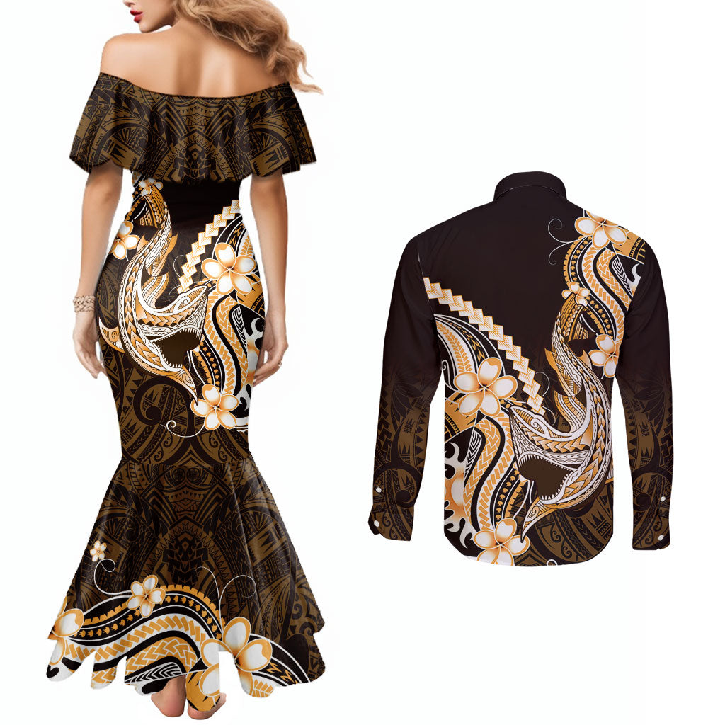 Orange Black Aloha Hawaii Couples Matching Mermaid Dress and Long Sleeve Button Shirt Polynesian Shark Tattoo Plumeria