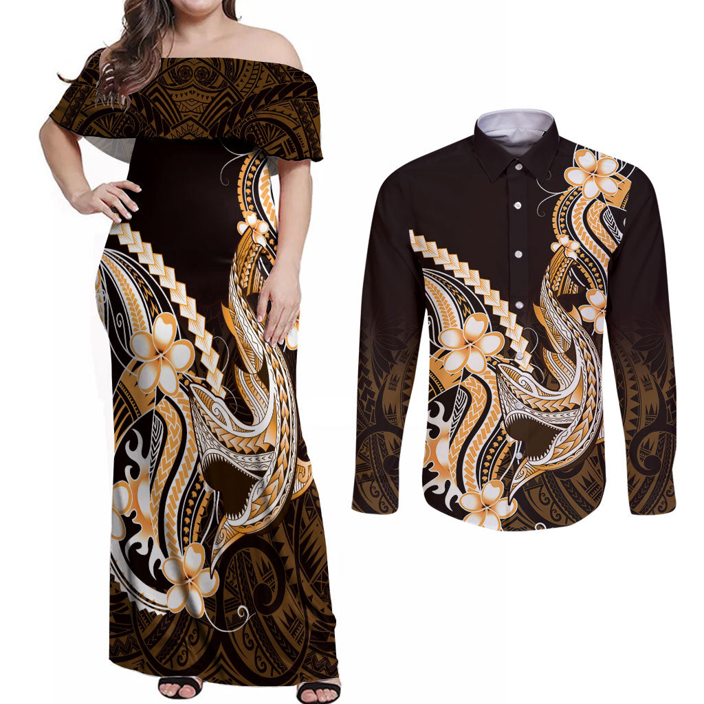 Orange Black Aloha Hawaii Couples Matching Off Shoulder Maxi Dress and Long Sleeve Button Shirt Polynesian Shark Tattoo Plumeria