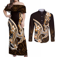 Orange Black Aloha Hawaii Couples Matching Off Shoulder Maxi Dress and Long Sleeve Button Shirt Polynesian Shark Tattoo Plumeria