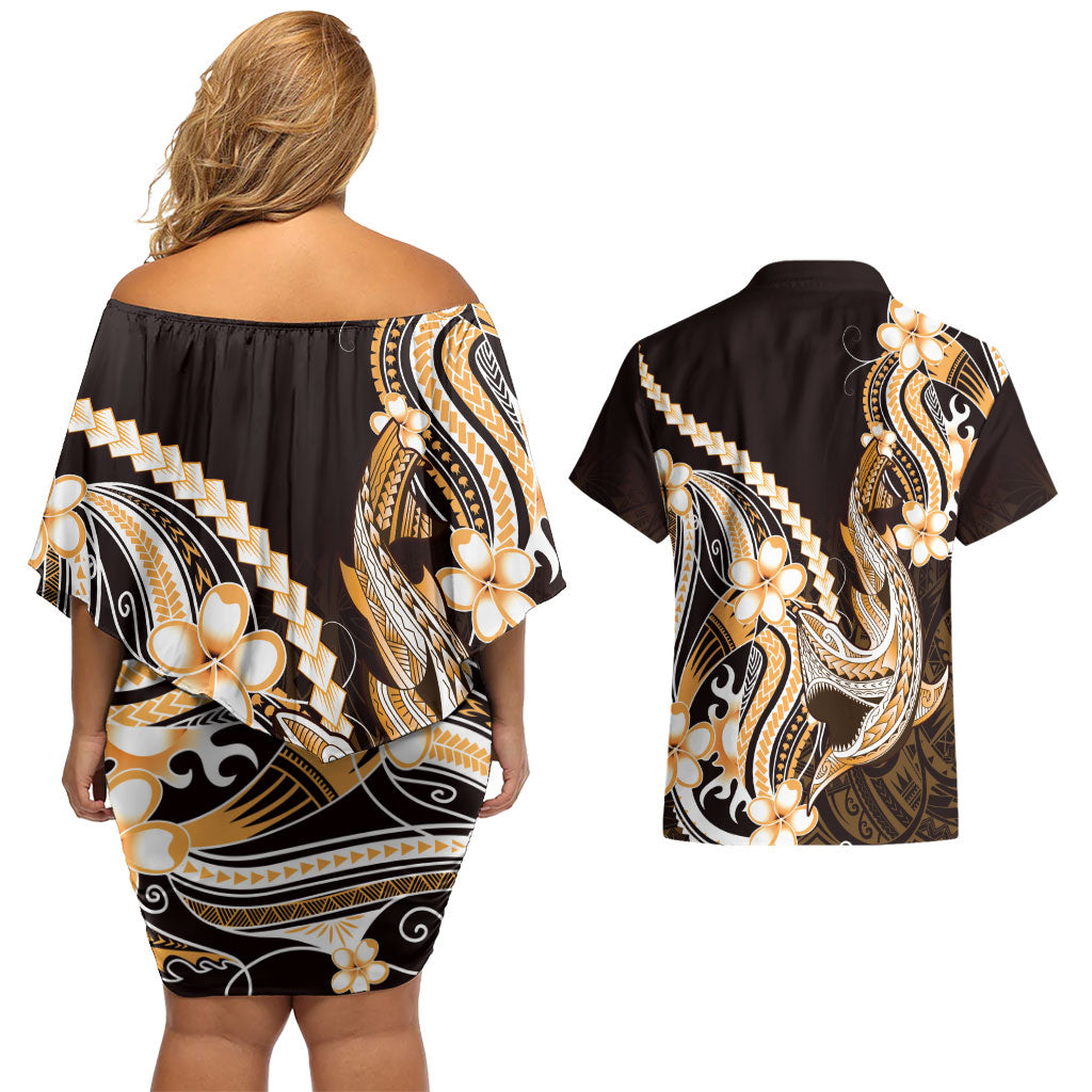 Orange Black Aloha Hawaii Couples Matching Off Shoulder Short Dress and Hawaiian Shirt Polynesian Shark Tattoo Plumeria
