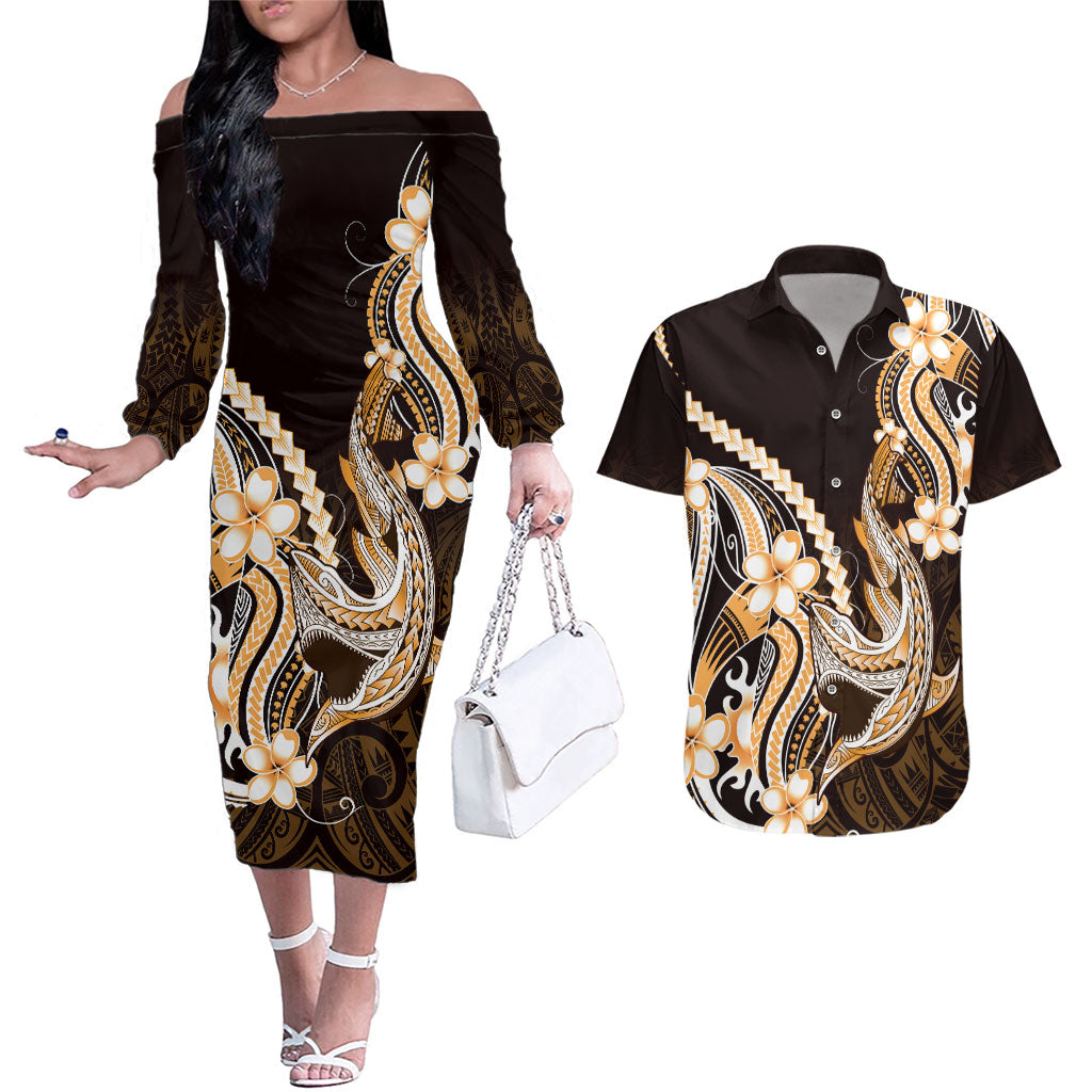 Orange Black Aloha Hawaii Couples Matching Off The Shoulder Long Sleeve Dress and Hawaiian Shirt Polynesian Shark Tattoo Plumeria