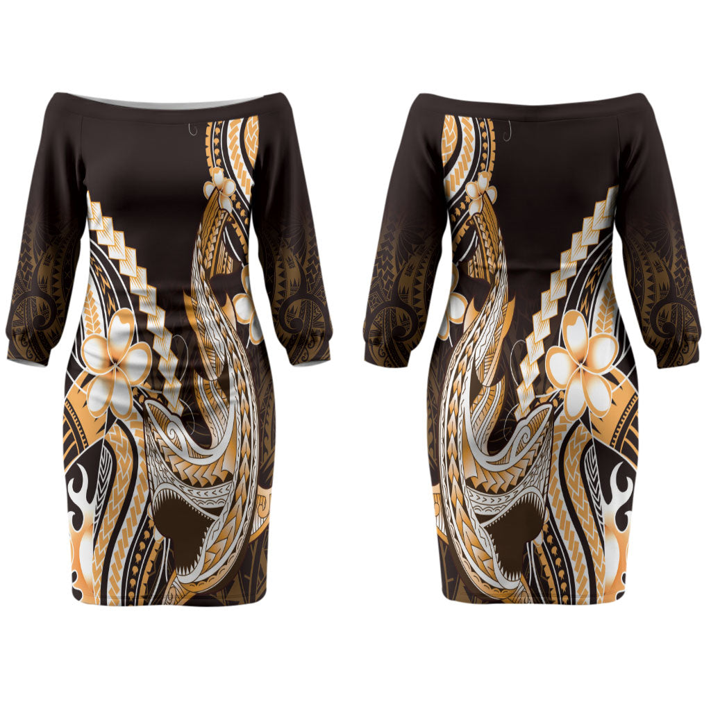 Orange Black Aloha Hawaii Couples Matching Off The Shoulder Long Sleeve Dress and Hawaiian Shirt Polynesian Shark Tattoo Plumeria LT14