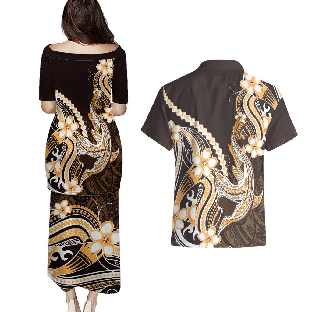 Orange Black Aloha Hawaii Couples Matching Puletasi and Hawaiian Shirt Polynesian Shark Tattoo Plumeria