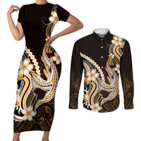 Orange Black Aloha Hawaii Couples Matching Short Sleeve Bodycon Dress and Long Sleeve Button Shirt Polynesian Shark Tattoo Plumeria