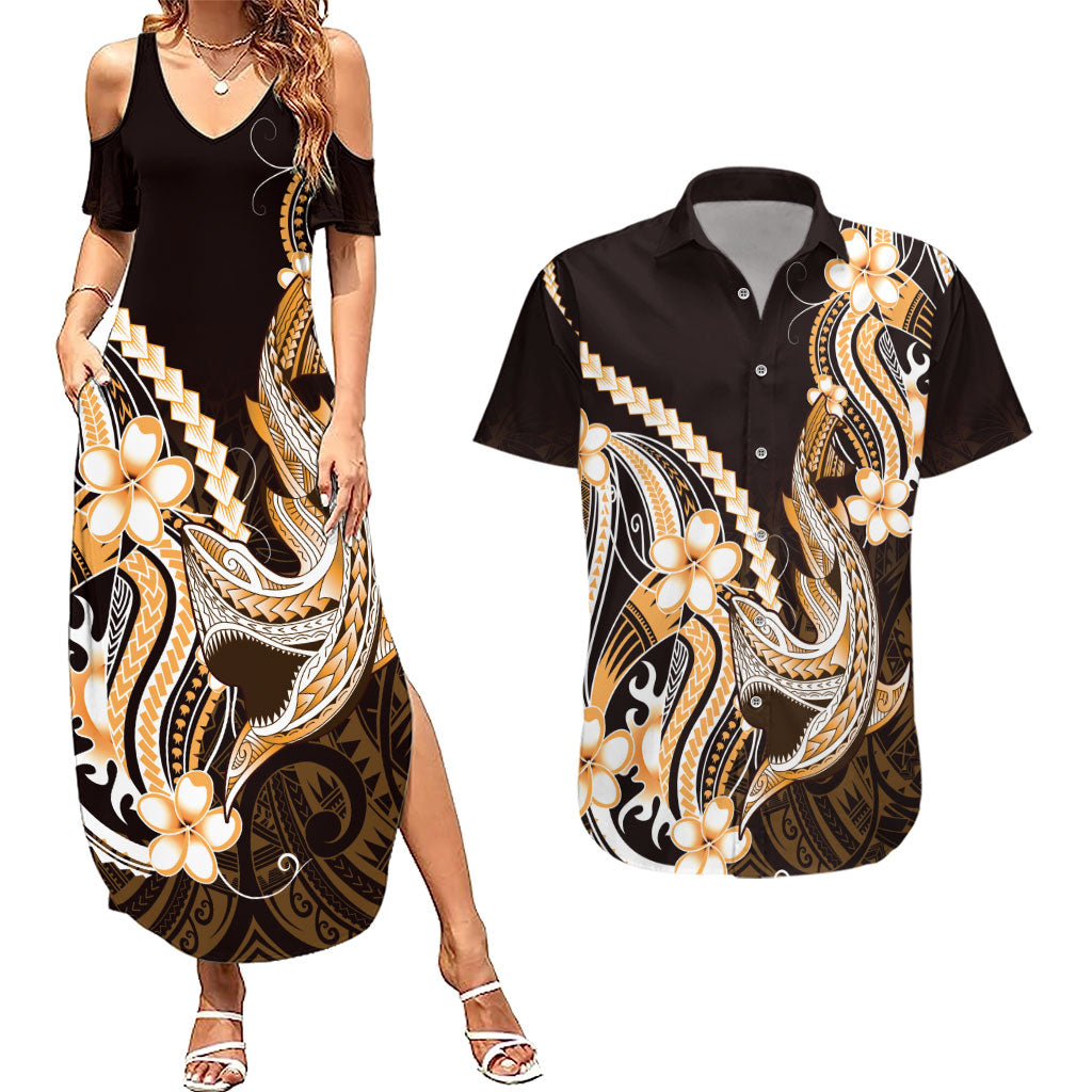 Orange Black Aloha Hawaii Couples Matching Summer Maxi Dress and Hawaiian Shirt Polynesian Shark Tattoo Plumeria LT14 Orange - Polynesian Pride