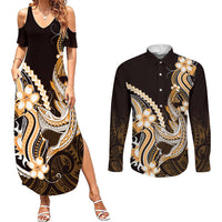 Orange Black Aloha Hawaii Couples Matching Summer Maxi Dress and Long Sleeve Button Shirt Polynesian Shark Tattoo Plumeria