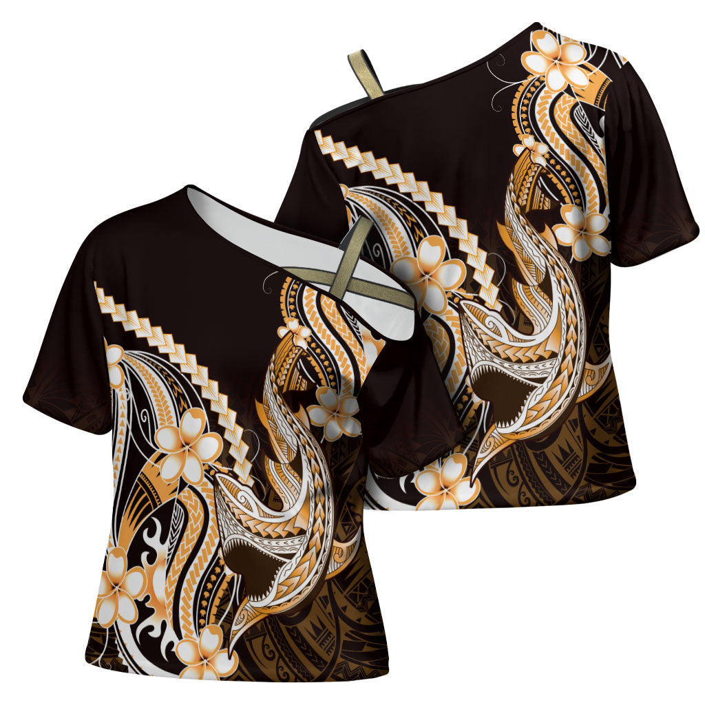 Orange Black Aloha Hawaii Cross Shoulder Shirt Polynesian Shark Tattoo Plumeria