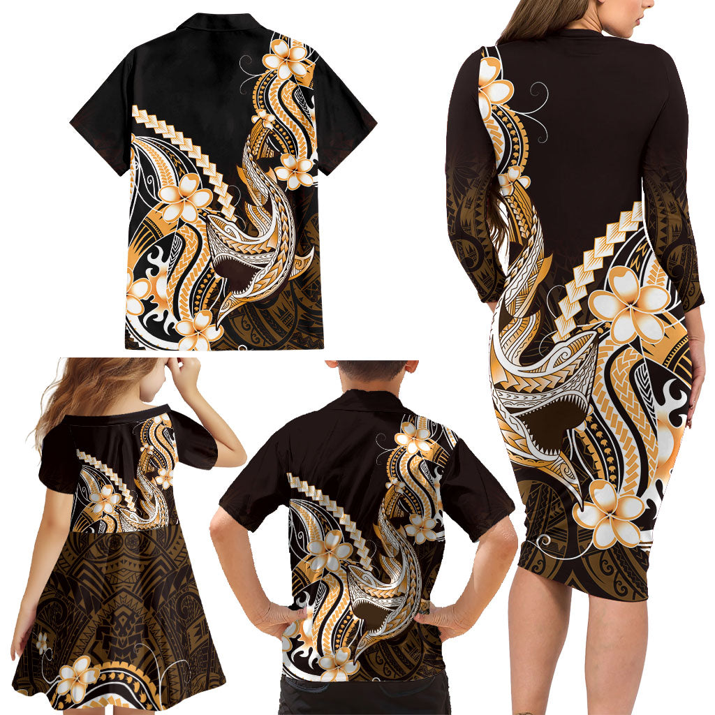 Orange Black Aloha Hawaii Family Matching Long Sleeve Bodycon Dress and Hawaiian Shirt Polynesian Shark Tattoo Plumeria