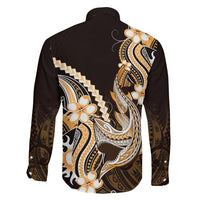 Orange Black Aloha Hawaii Family Matching Long Sleeve Bodycon Dress and Hawaiian Shirt Polynesian Shark Tattoo Plumeria