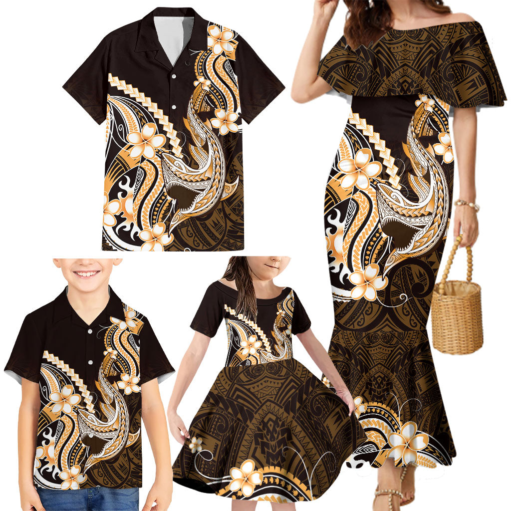 Orange Black Aloha Hawaii Family Matching Mermaid Dress and Hawaiian Shirt Polynesian Shark Tattoo Plumeria LT14 - Polynesian Pride