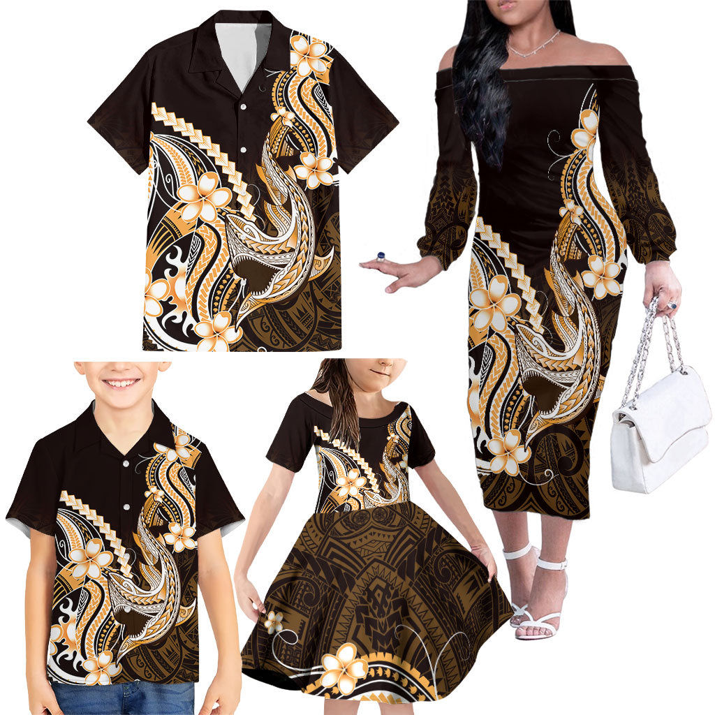 Orange Black Aloha Hawaii Family Matching Off The Shoulder Long Sleeve Dress and Hawaiian Shirt Polynesian Shark Tattoo Plumeria LT14 - Polynesian Pride
