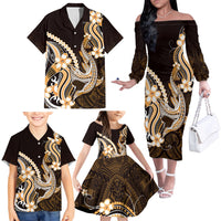 Orange Black Aloha Hawaii Family Matching Off The Shoulder Long Sleeve Dress and Hawaiian Shirt Polynesian Shark Tattoo Plumeria