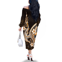 Orange Black Aloha Hawaii Family Matching Off The Shoulder Long Sleeve Dress and Hawaiian Shirt Polynesian Shark Tattoo Plumeria