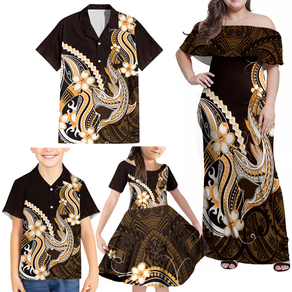 Orange Black Aloha Hawaii Family Matching Off Shoulder Maxi Dress and Hawaiian Shirt Polynesian Shark Tattoo Plumeria