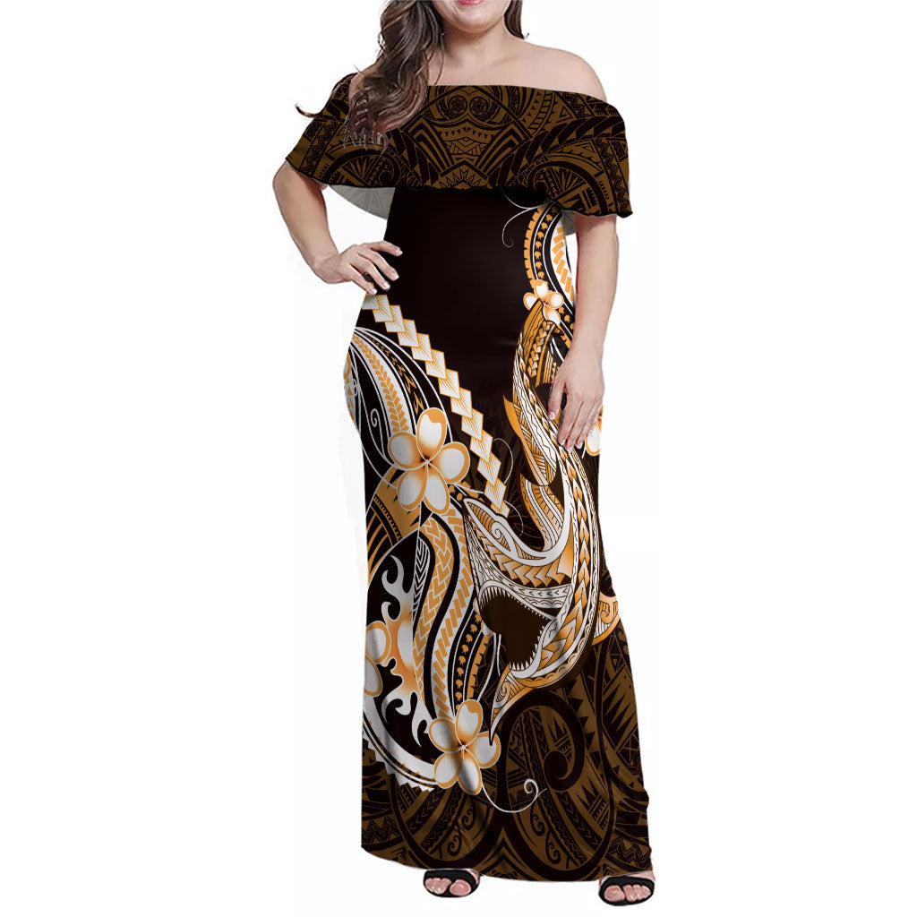 Orange Black Aloha Hawaii Family Matching Off Shoulder Maxi Dress and Hawaiian Shirt Polynesian Shark Tattoo Plumeria