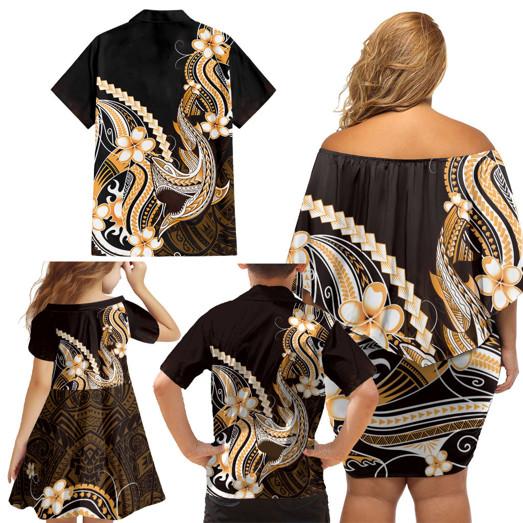 Orange Black Aloha Hawaii Family Matching Off Shoulder Short Dress and Hawaiian Shirt Polynesian Shark Tattoo Plumeria